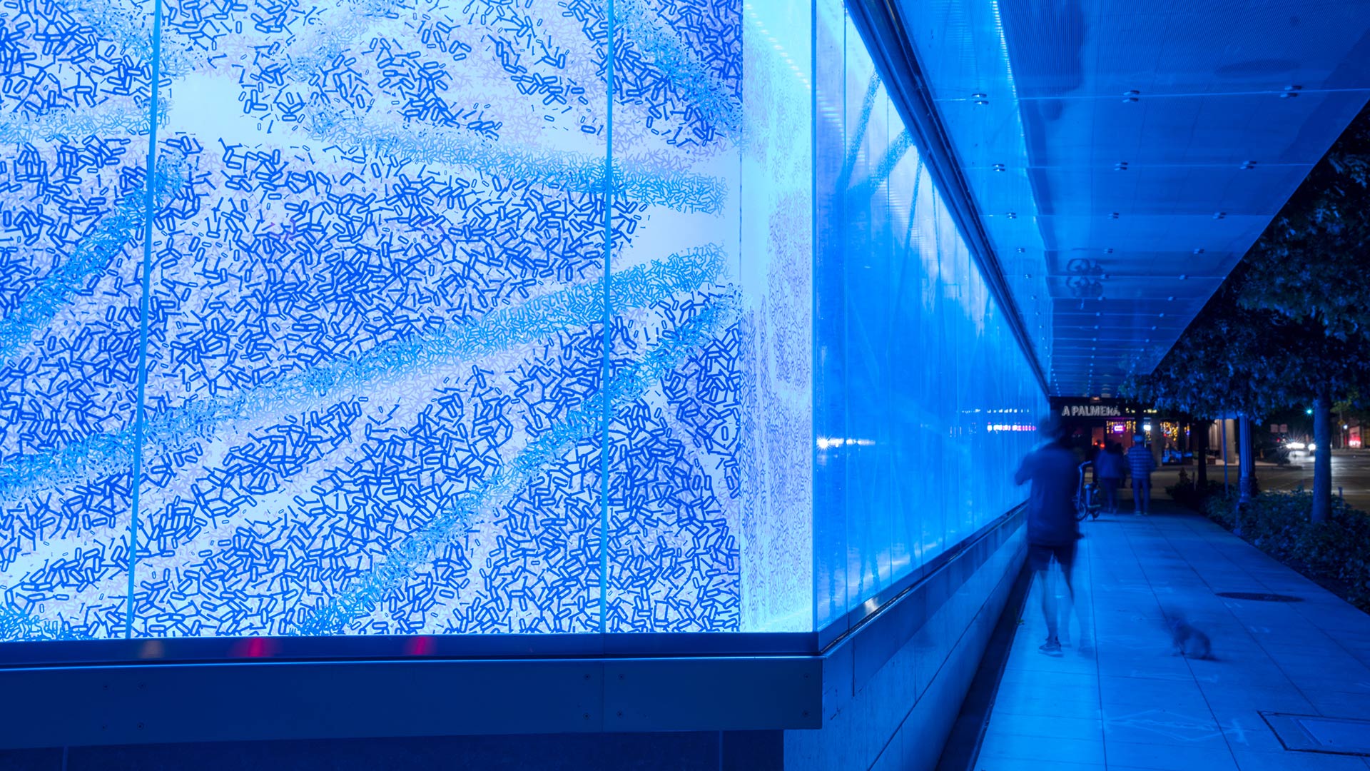 http://Glowing%20piece%20of%20wall%20art%20on%20exterior%20of%20Allen%20Institute%20HQ.