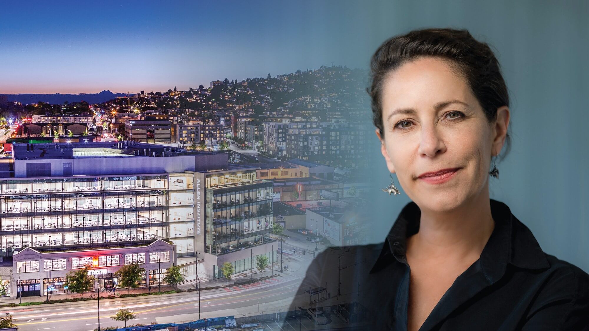 Headshot of Amanda Goldrath with the Allen Institute Headquarters