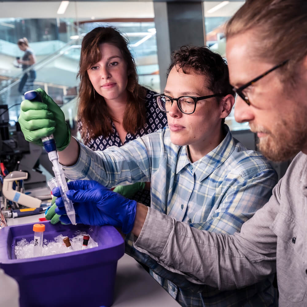 A group of scientists doing an experiment in the lab at the Allen Institute for Brain Science