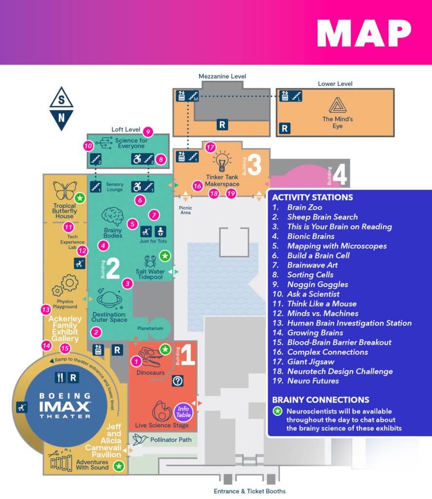 Map of the Pacific Science Center with locations of BrainFest activity stations indicated