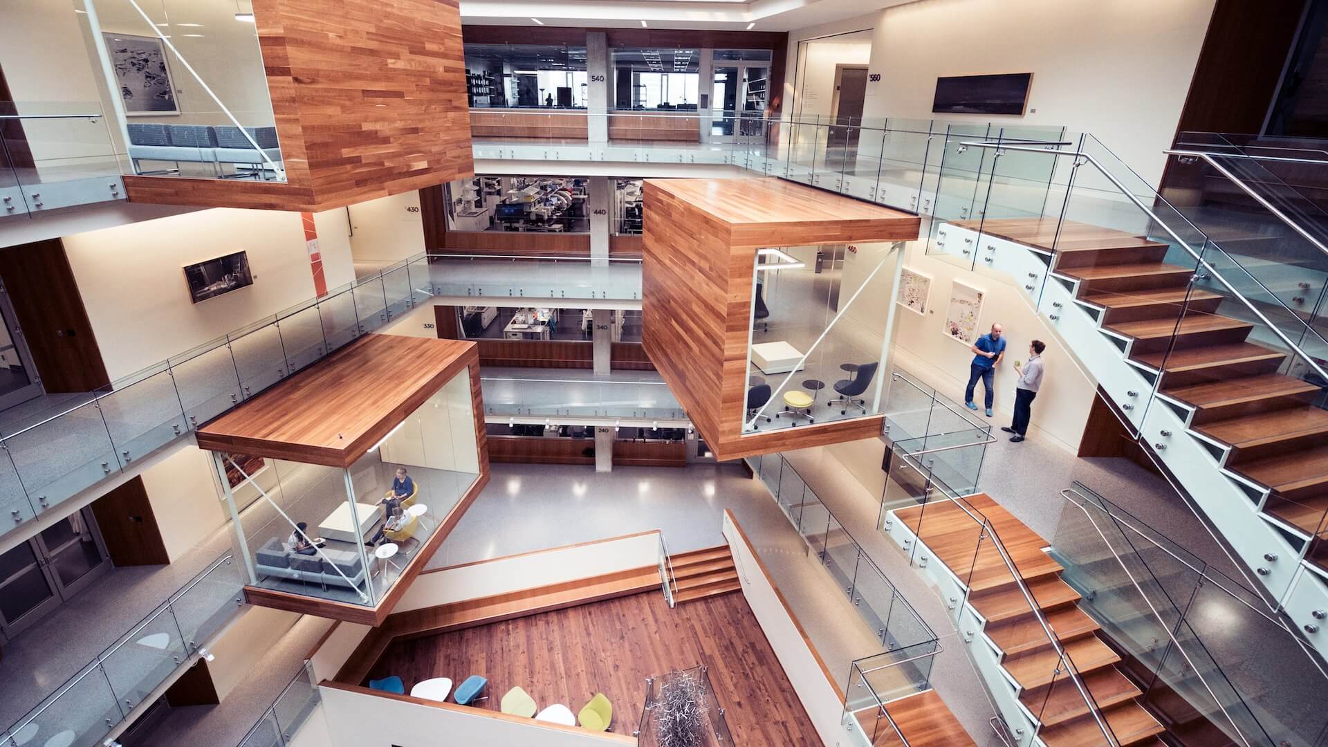 http://Photograph%20of%20the%20Allen%20Institute%20Headquarters%20interior%20with%20open%20design%20and%20beautiful%20wood%20details
