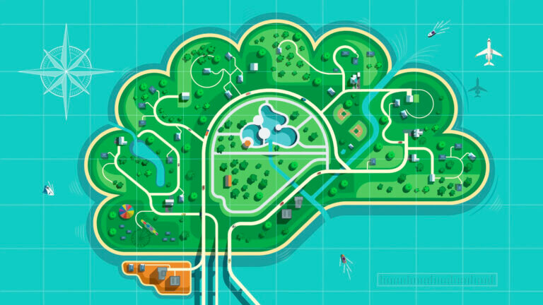Illustration of a brain with roads and georgraphical figures inside