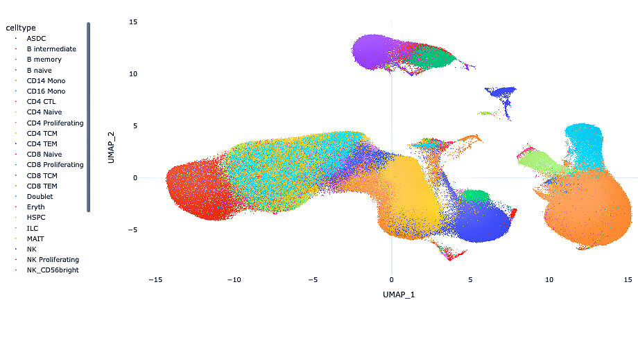 A free app on the Human Immune System Explorer will allow users to visualize immunology data using the PALMO platform. This platform was developed by Allen Institute for Immunology scientists to identify differences in gene activity or protein levels between different people or in the same person over long periods of time. The screenshot above shows different kinds of immune cells clustered by their gene activity.