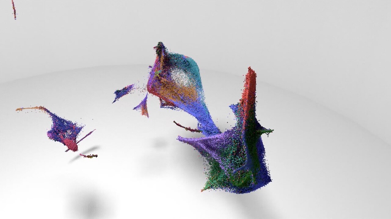 Data visualization shows a 3D abstraction of single cells from the early development of the mouse central nervous system. These data are from a new 2 million-cell experiment tracing early mammalian growth at the single-cell level. Image courtesy of Cole Trapnell, Ph.D. 