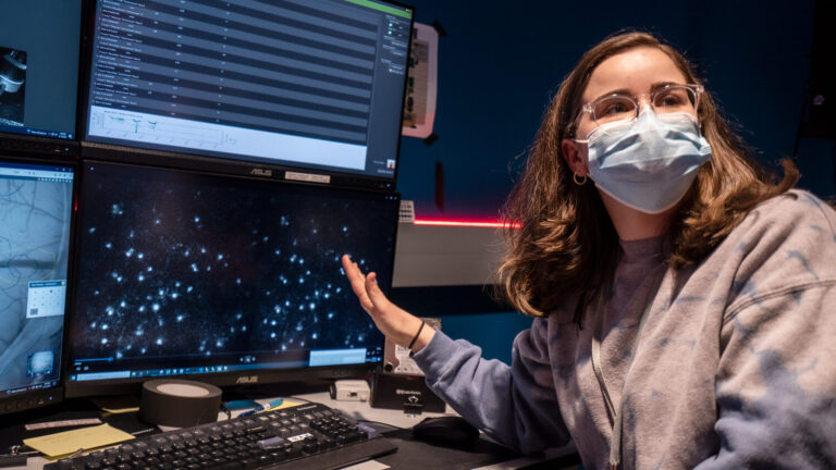 Allen Institute neuroscientist Xana Waughman describes recordings of mouse neuron activity — in a technique known as 2-photon microscopy, scientists are able to capture neurons switching on and off through a fluorescent sensor engineered to light up with cellular activity. This technique is one of those used in OpenScope, a shared brain observatory program at the Allen Institute.