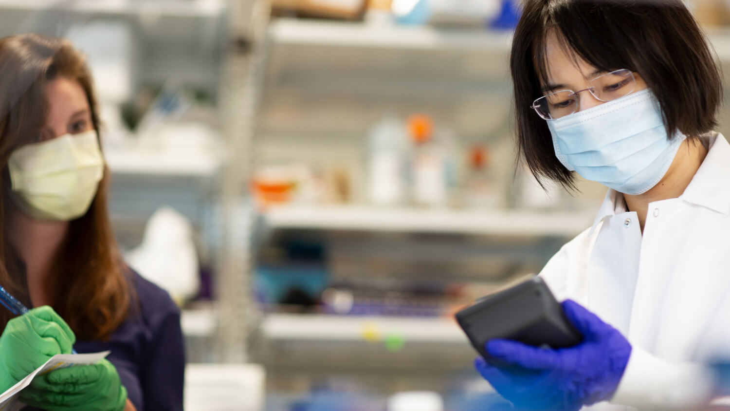 Yi Ding, Ph.D. (right) and Anna Marie Yanny, neuroscientists at the Allen Institute, working in the lab preparing brain cells from Alzheimer's patient donors for analysis through the SEA-AD consortium. Photo by Erik Dinnel / Allen Institute