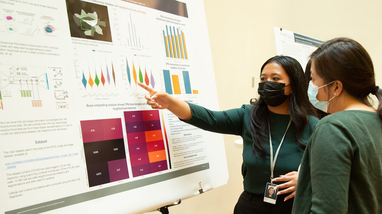 Therese Pacio, an intern at the Allen Institute for Cell Science, presents her poster on how she modified a machine learning model to predict a cell’s shape. Photo by Jenny Burns / Allen Institute