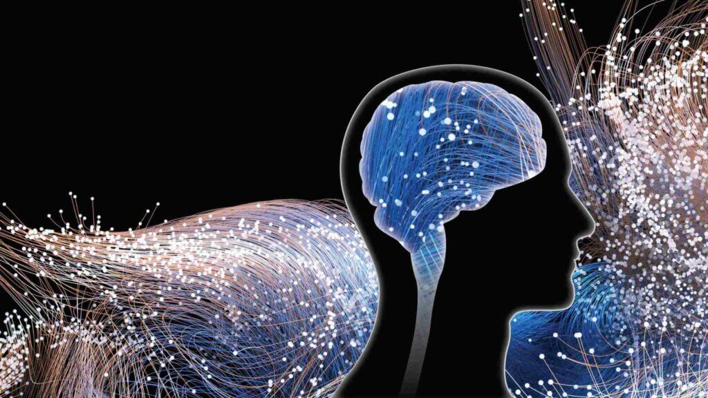 Abstract illustration showing a human profile with a brain and swirling artistic connections symbolizing consciousness